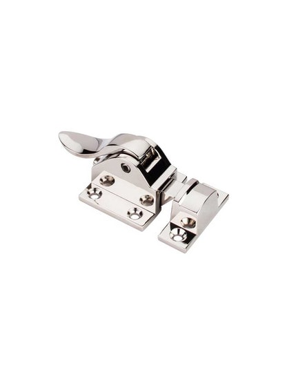 Cabinet Lift Latch with Curved Handle in Polished Nickel.